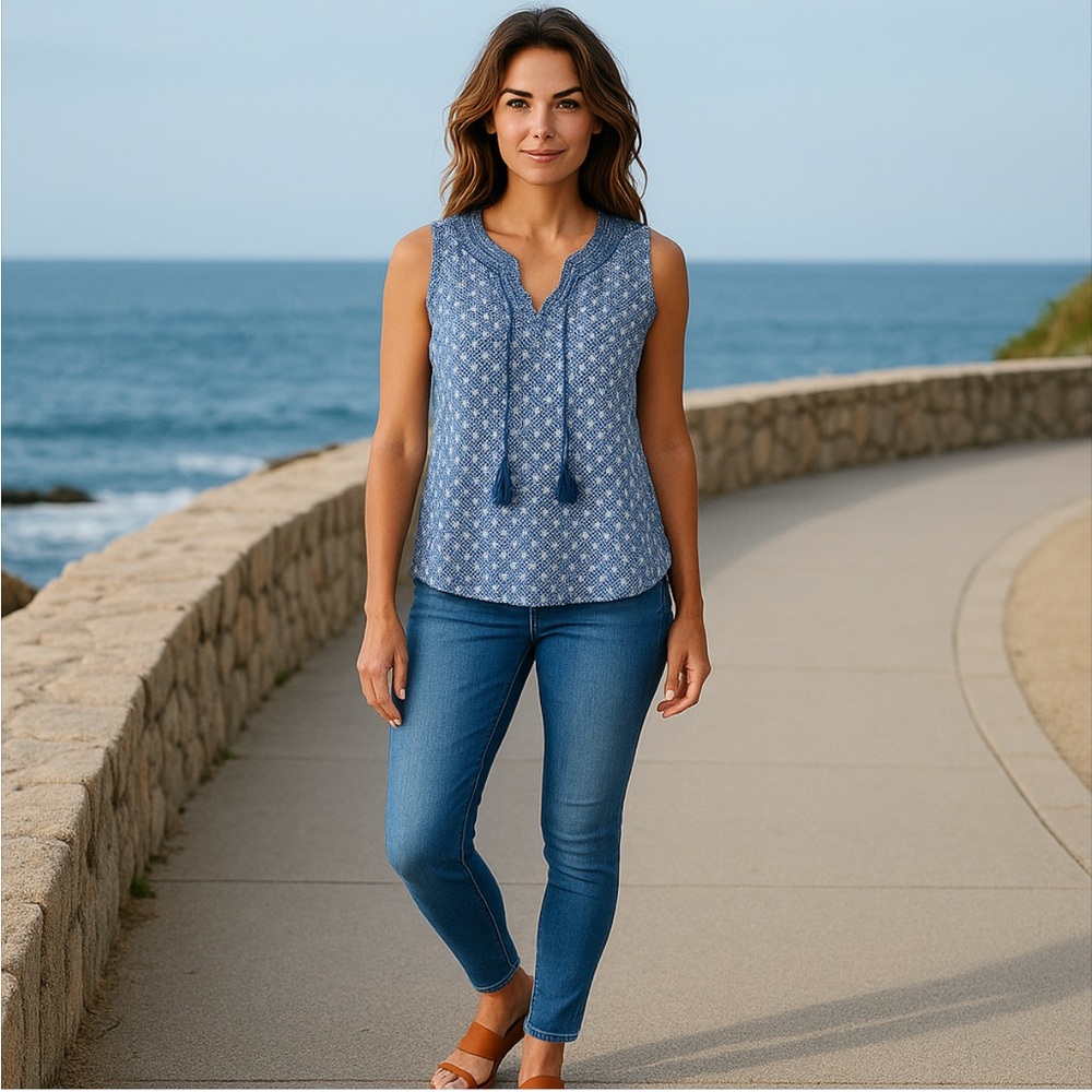Talbots blue & white print tassel top